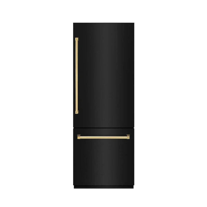 ZLINE 30" Built-In Bottom Freezer Refrigerator with Water Dispenser, Ice Maker, Black Stainless Steel, Graphite Gray Interior, Polished Gold GRBIVZ-BS-30-G09K