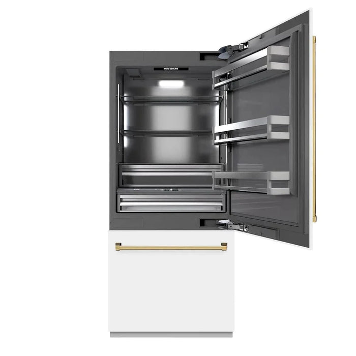 ZLINE 36" Built-In Bottom Freezer Refrigerator,Water Dispenser, Ice Maker, White Matte Graphite Gray Polished Gold GRBITZ-WM-36-G09K