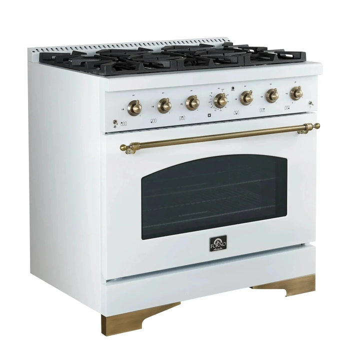 Forno Antico 36" Gas Range 6 Gas Burner Cooktop, Gas Convection Oven White, Antique Brass Trim, FFSGS6219-36WHT09K