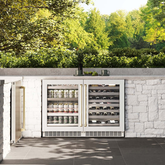 ZLINE 24" Touchstone Dual Zone 44 Bottle Wine Cooler White Matte Glass Door Champagne Bronze Handle RWDOZ-WM-24-CB09K