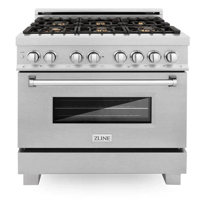 ZLINE 36" Dual Fuel Range, DuraSnow, Stainless, Brass Burners, Griddle RAS-SN-BR-GR-3609K