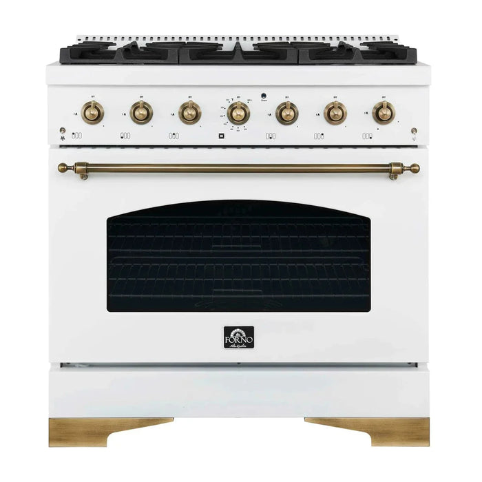 Forno Antico 36" Dual Fuel Range White and Antique Brass Design 6 Sealed Gas Burners Electric Convection Oven , FFSGS6113-36WHT09K