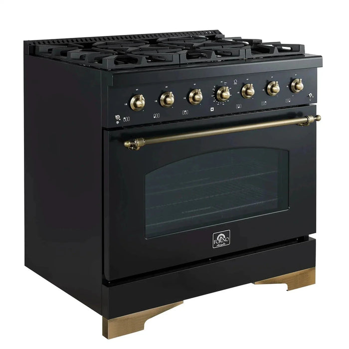 Forno Antico 36" Dual Fuel Range 6 Gas Burner Cooktop Electric Convection Oven Black Antique Brass Trim, FFSGS6113-36BLK09K