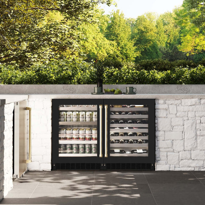 ZLINE 24" Touchstone 151 Can Beverage Fridge Black Matte Glass Door Champagne Bronze Handle RBSOZ-BLM-24-CB09K