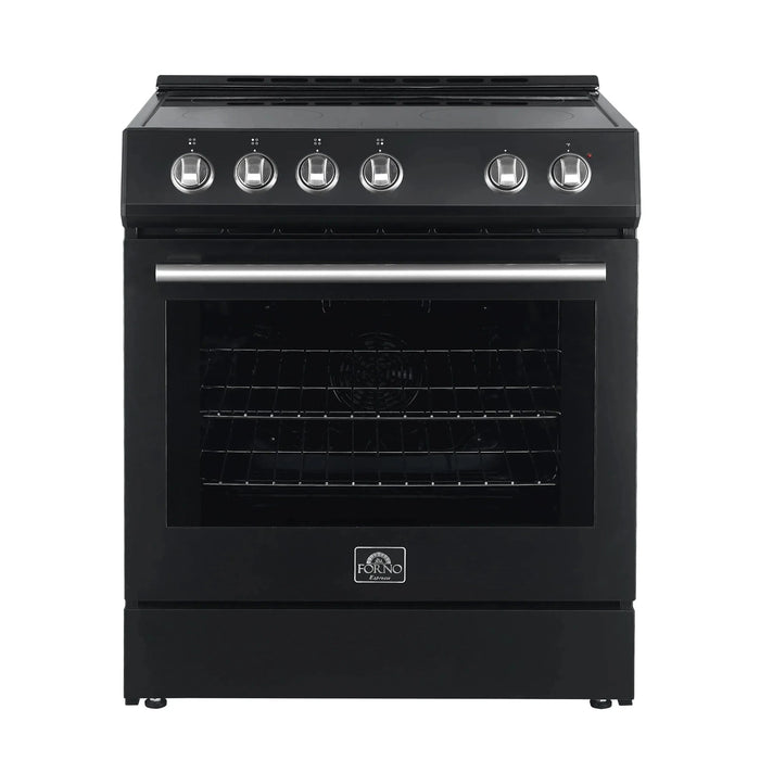 Forno Espresso Package - 30" Electric Range, Range Hood and Refrigerator in Black with Silver Handles FBDL-001-02US09K