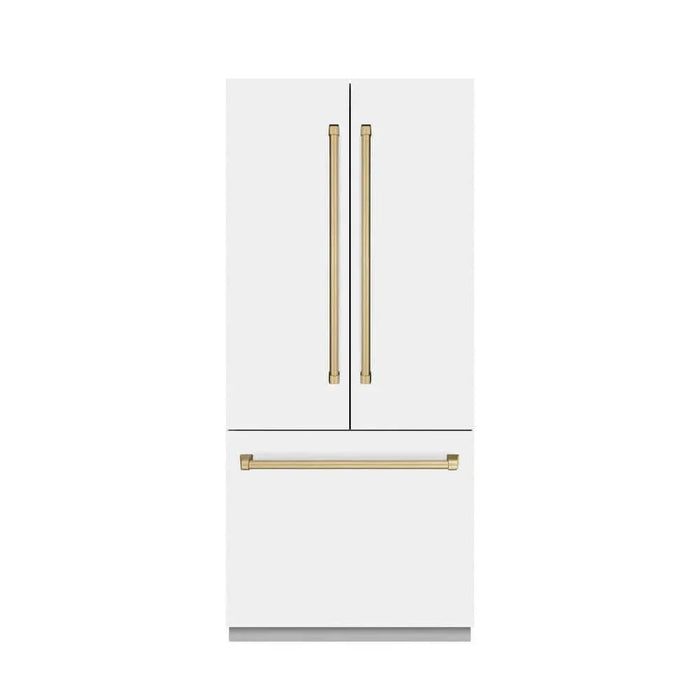 ZLINE 36" Built-In Bottom Freezer Refrigerator with Water Dispenser, Ice Maker, White Matte, Graphite Gray Interior, Champagne Bronze GRBIVZ-WM-36-CB09K