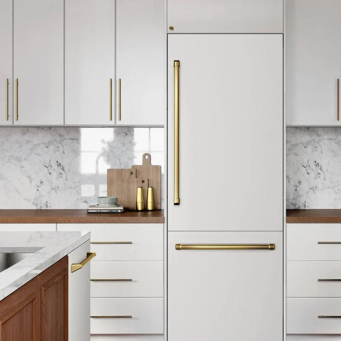 ZLINE 30" Built-In Bottom Freezer Refrigerator with Water Dispenser, Ice Maker, White Matte, Graphite Gray Interior, Polished Gold GRBIVZ-WM-30-G09K