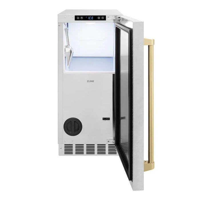 ZLINE Autograph Edition 15 " Touchstone Clear Cube Ice Maker, Drain Pump, Satin Stainless Steel Door, Accents ICCDZ-SN-15-CB09K