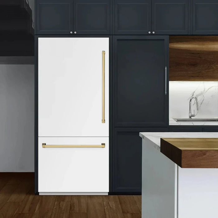 ZLINE 36" Built-In Bottom Freezer Refrigerator,Water Dispenser, Ice Maker, White Matte Polished Gold RBITZ-WM-36-G09K