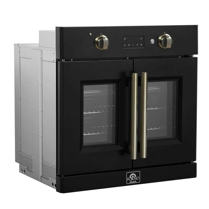 Forno Asti 30"French Door Electric Wall Oven in Black with Antique Brass Trim, FBOEL1333-30BLK09K