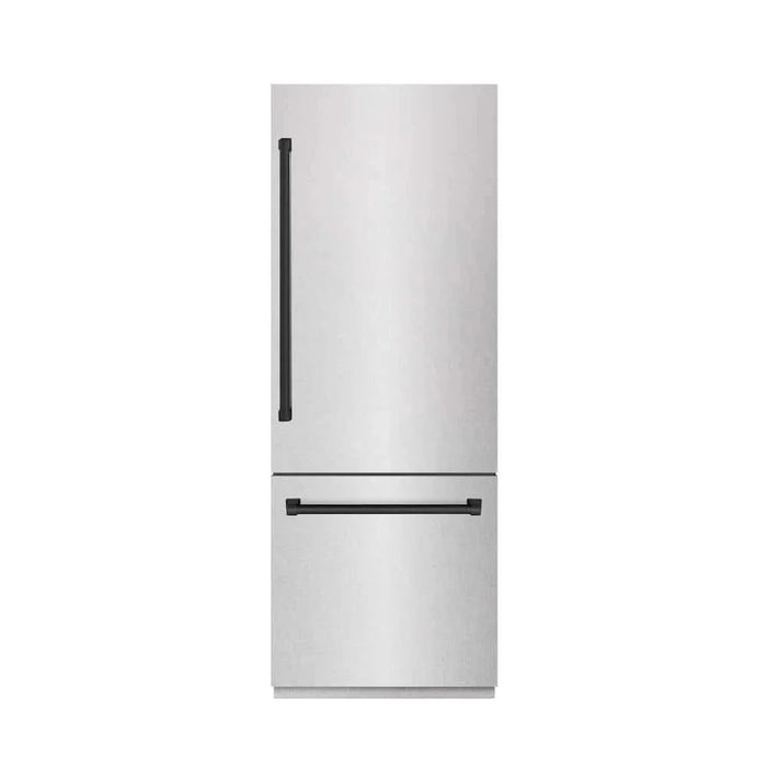 ZLINE 30" Built-In Bottom Freezer Refrigerator with Water Dispenser, Ice Maker, DuraSnow® Stainless Steel, Graphite Gray Interior, Matte Black GRBIVZ-SN-30-MB09K