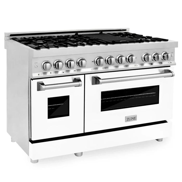 ZLINE 48" Dual Fuel Range Snow Stainless, White Matte Door, Griddle RAS-WM-GR-4809K