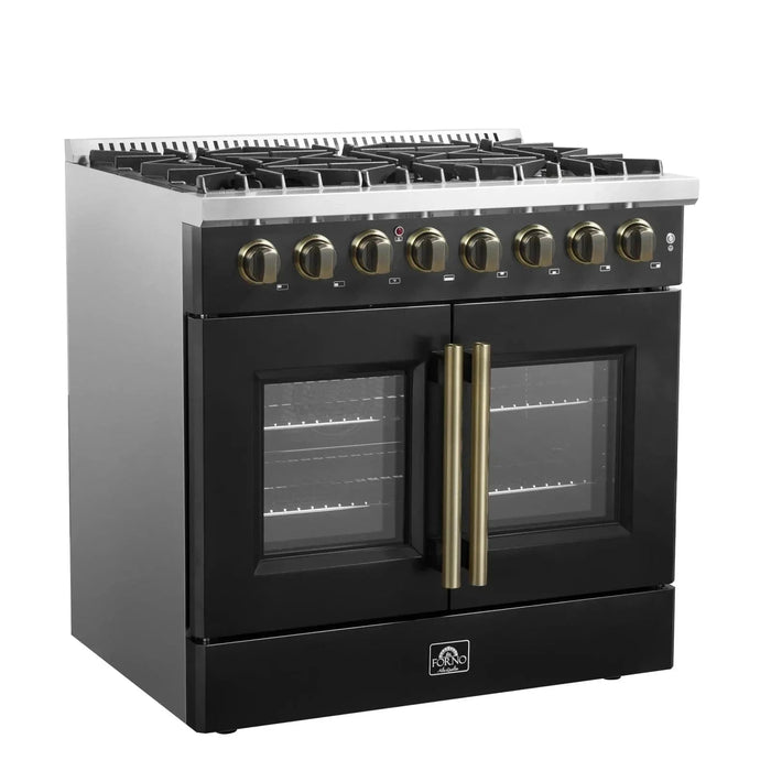 Forno Galiano 36"French DoorDual Fuel Range, Gas Stove, Electric Oven Black, Antique Brass Trim, FFSGS6356-36BLK09K
