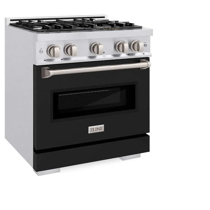 ZLINE 30" Dual Fuel Range, Gas Cooktop, Electric Convection Oven DuraSnow®Stainless Steel, Black Matte Door CDRS-BLM-3009K