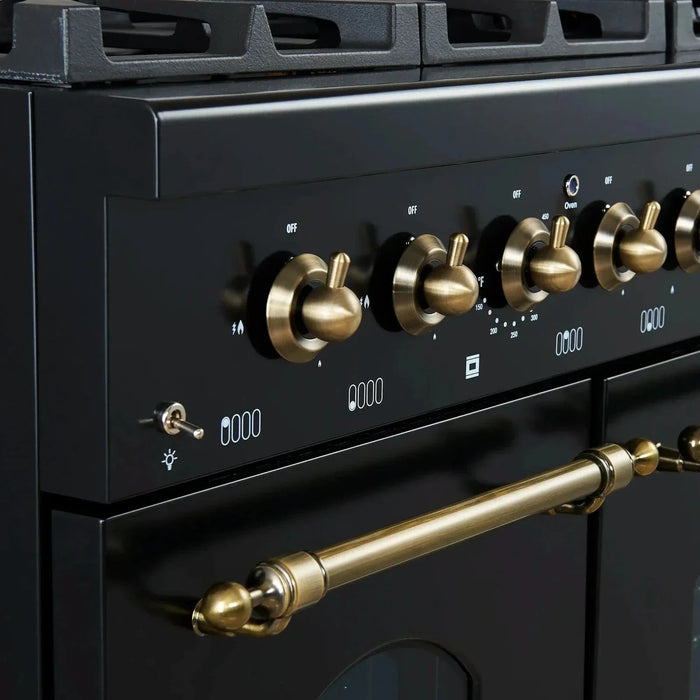 Forno Antico 48"Dual Range, 8 Gas Burner Cooktop, Electric Convection Oven Black, Antique Brass Trim, FFSGS6113-48BLK09K