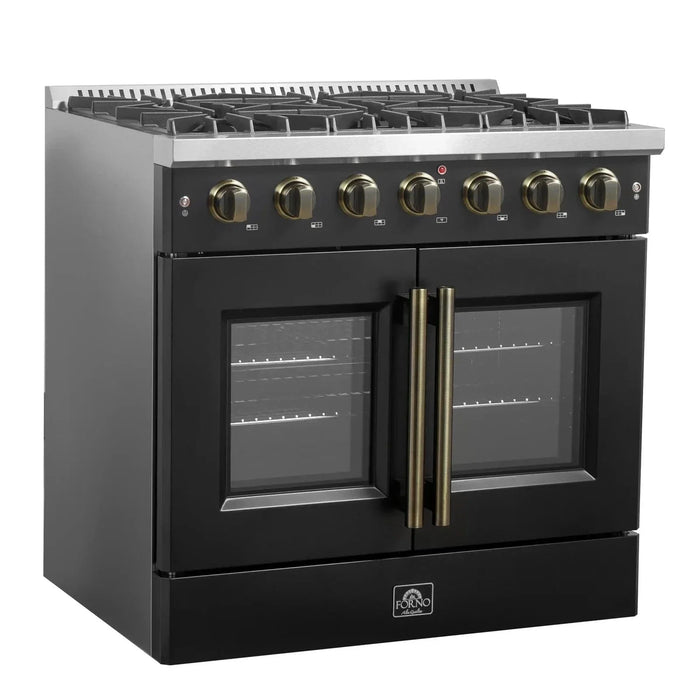 Forno Galiano 36." French Door All Gas Range, Black, Antique Brass Trim,FFSGS6444-36BLK09K