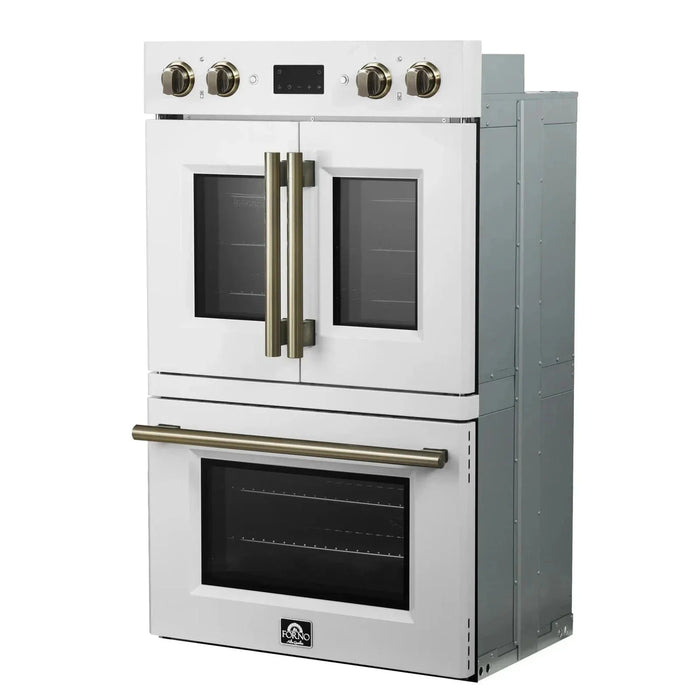 Forno Asti 30" Double Electric Wall Oven, Upper French Doors, White with Antique Brass Trim, FBOEL1340-30WHT09K
