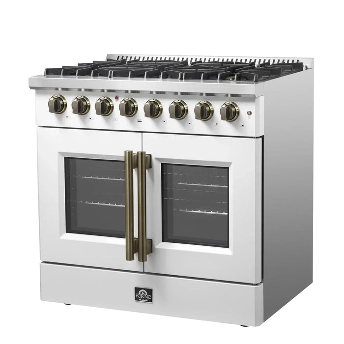 Forno Galiano 36"French DoorDual Fuel Range, Gas Stove, Electric Oven White, Antique Brass Trim, FFSGS6356-36WHT09K