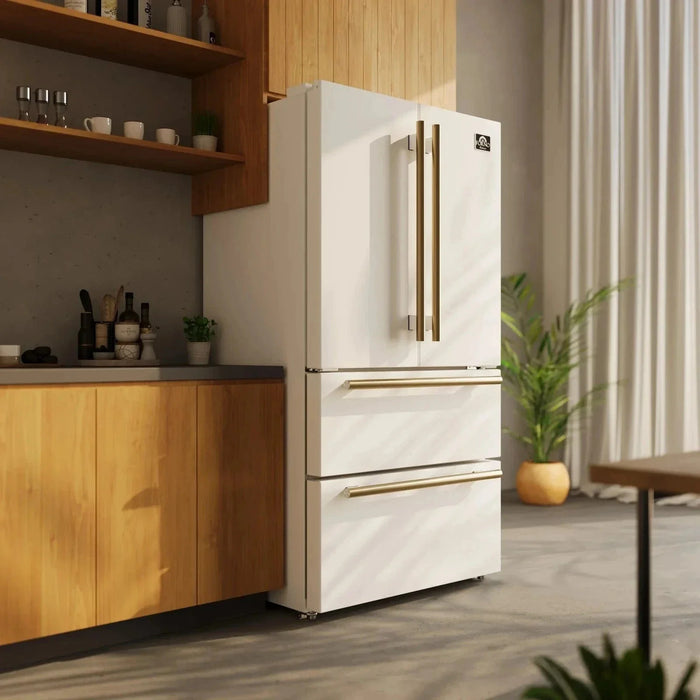 Forno Espresso Moena 36"French Door Refrigerator, White with Antique Brass Handle FFRBI1820-36WHT09K