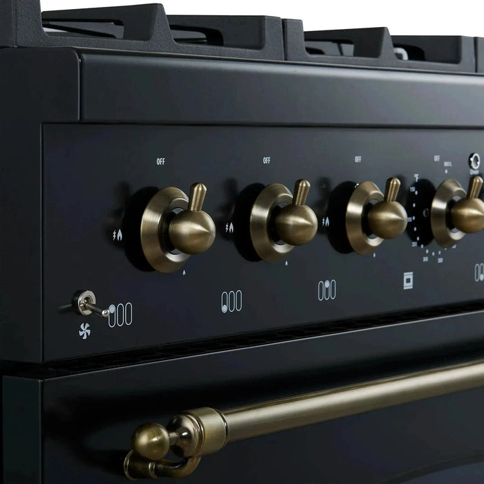 Forno Antico 36" Dual Fuel Range 6 Gas Burner Cooktop Electric Convection Oven Black Antique Brass Trim, FFSGS6113-36BLK09K