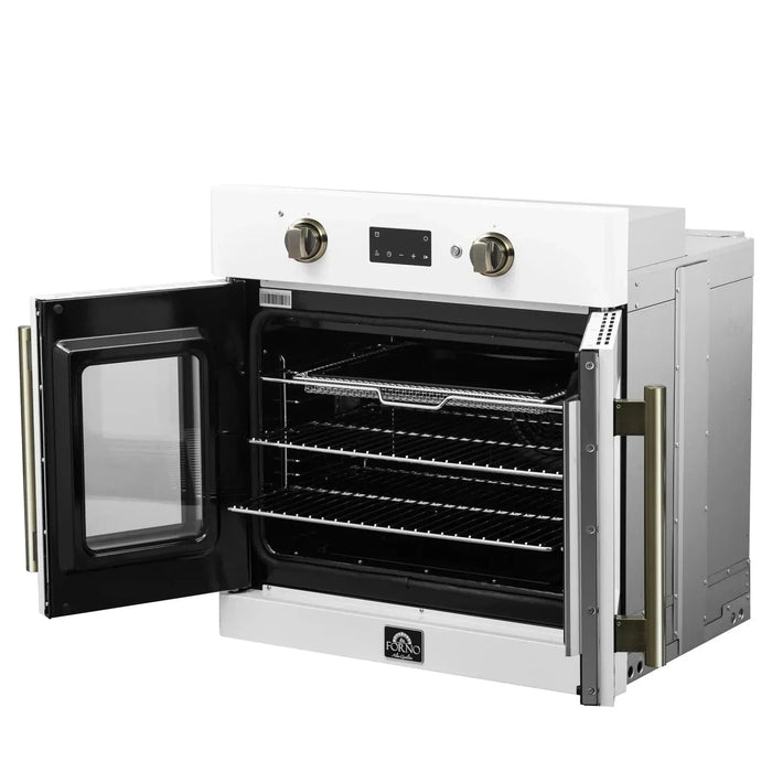 Forno Asti 30"French Door Electric Wall Oven in White with Antique Brass Trim, FBOEL1333-30WHT09K