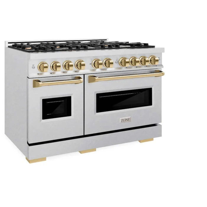 ZLINE 48" Dual Fuel Range, Gas Cooktop, Electric Convection Oven DuraSnow® Stainless Steel, Gold CDRSZ-48-G09K