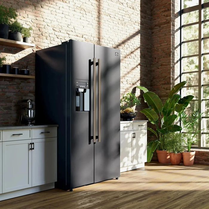 Forno Espresso Salerno 36"Side-by-Side Refrigerator, Water Dispenser, Black with Antique Brass Handle FFRBI1844-36BLK09K