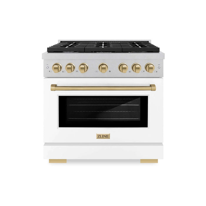 ZLINE 36"Paramount Dual Fuel Range DuraSnow® White Matte, Champagne Bronze SDRSZ-WM-36-CB09K