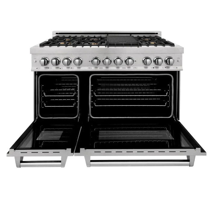 ZLINE 48" Dual Fuel Range, DuraSnow Stainless, Brass Burners, Griddle RAS-SN-BR-GR-4809K