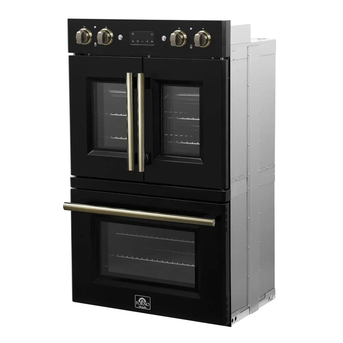 Forno Asti 30" Double Electric Wall Oven, Upper French Doors, Black with Antique Brass Trim, FBOEL1340-30BLK09K