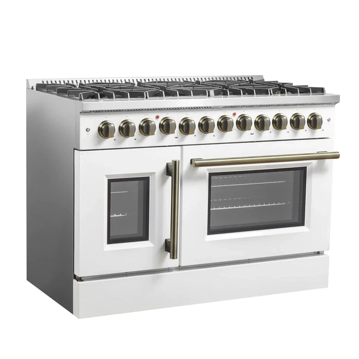 Forno Galiano 48" French Door Dual Fuel Range, 8 Burners, Electric Convection Oven, White Antique Brass Trim, FFSGS6356-48WHT09K