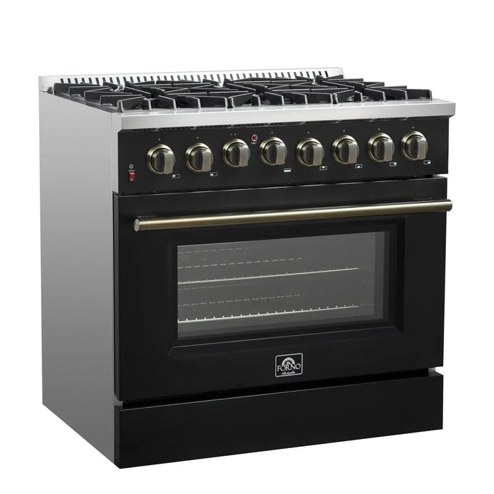 Forno Galiano Gold Professional - 36"Freestanding Dual Fuel Range Gas Stove, Electric Oven Black, Antique Brass Trim, FFSGS6156-36BLK09K