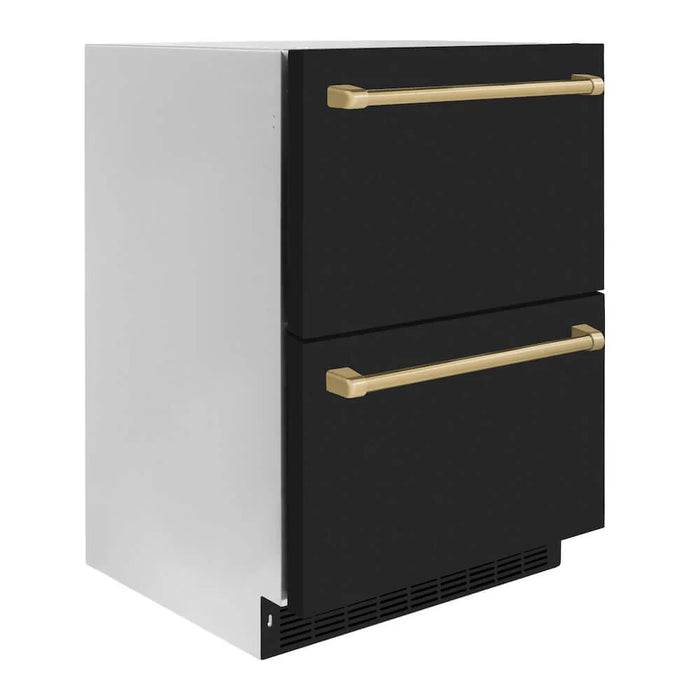 ZLINE Autograph Edition 24" Touchstone 168 Can Outdoor-Rated Dual Refrigerator Drawer, Black Matte Door, Accents  RDSOZ-BLM-24-CB09K