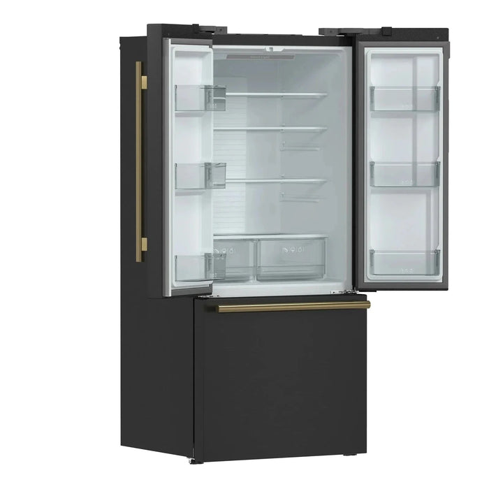 Forno Espresso Gallipoli 30"Door Refrigerator, Ice Maker in Black, Antique Brass Handle FFFFD1974-31BLK09K