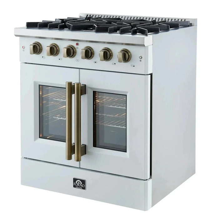 Forno Galiano 30" French Door Freestanding All Gas Range, White, Antique Brass Trim, FFSGS6444-30WHT09K