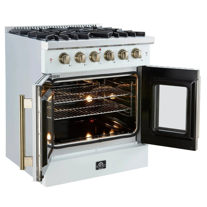 Forno Galiano 30" French Door Gas on Gas Range White Antique Brass Trim FFSGS6444-30WHT09K