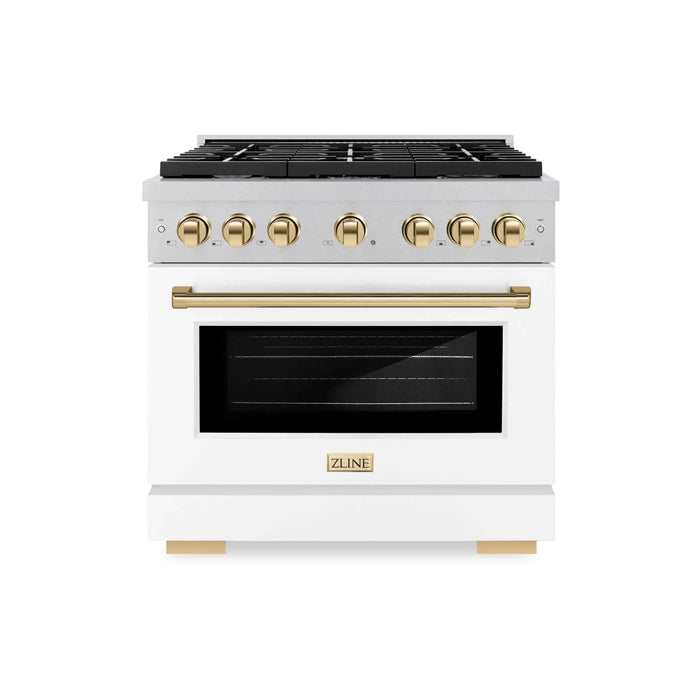 ZLINE 36"Paramount Dual Fuel Range DuraSnow® White Matte, Gold SDRSZ-WM-36-G09K