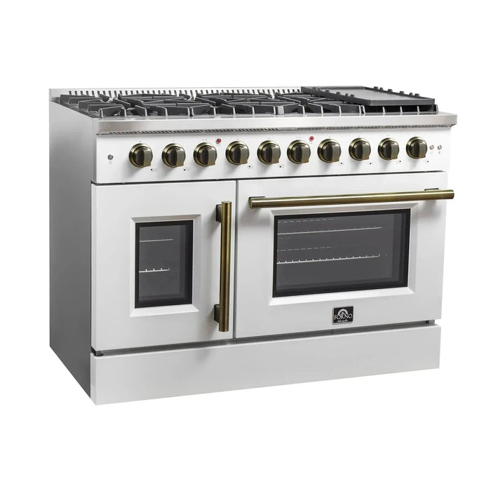 Forno Galiano 48"French Door Freestanding All Gas Range, White with Antique Brass Trim, FFSGS6444-48WHT09K