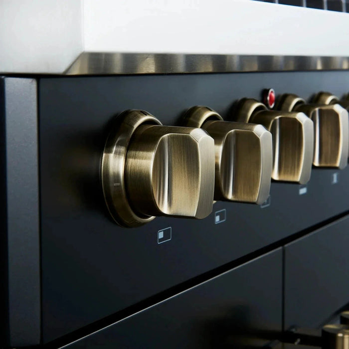 Forno Galiano 30"French Door Dual Fuel Range 5 Gas Burners, Electric Convection Oven Black, Antique Brass Trim, FFSGS6356-30BLK09K