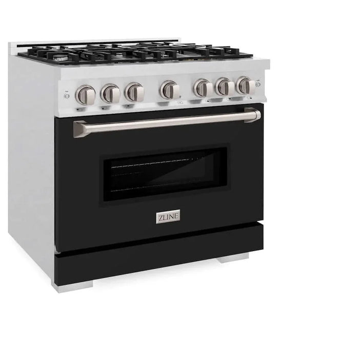 ZLINE 36" Dual Fuel Range, Gas Cooktop, Electric Convection Oven DuraSnow®Stainless Steel, Black Matte Door CDRS-BLM-3609K