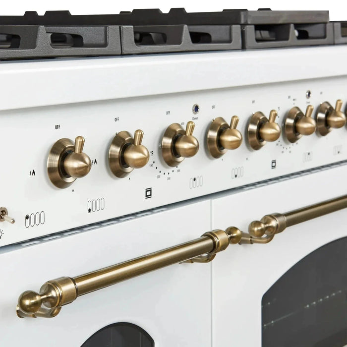 Forno Antico 48"Gas Range 8 Gas Burner Cooktop, Gas Convection Oven White, Antique Brass Trim, FFSGS6219-48WHT09K