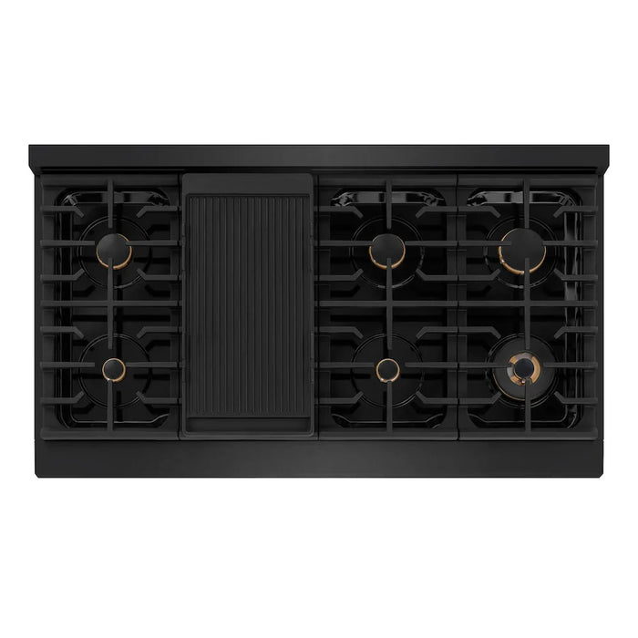 ZLINE Autograph Edition 48" Paramount Dual Fuel Range, 6 Burner Gas Cooktop, Electric Convection Oven, Black Stainless Steel, Helix Handle and Knob SDRBZ-48-KCB09K