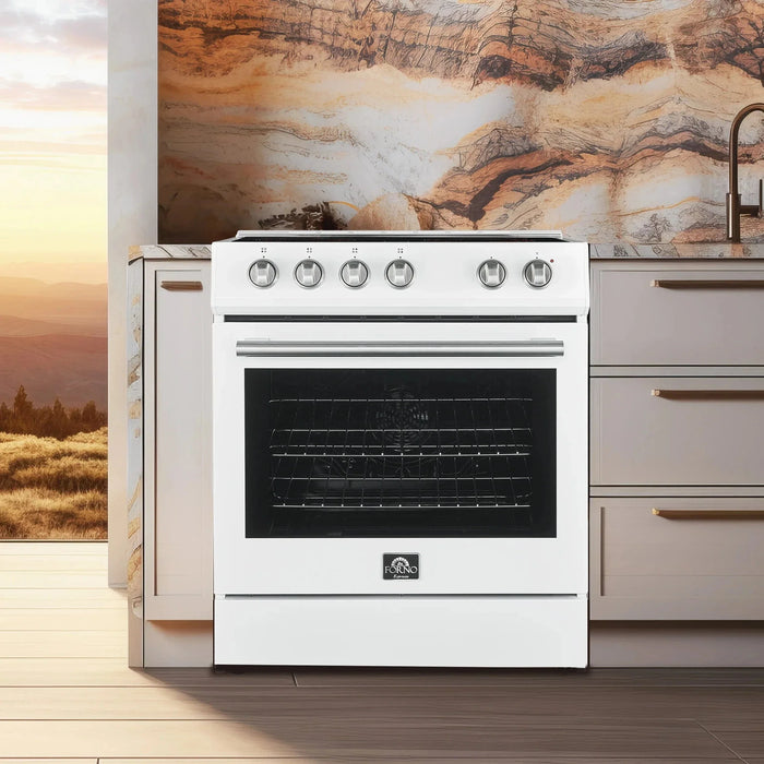 Forno Espresso Package - 30" Electric Range, Range Hood and Refrigerator in White with Silver Handles, FBDL-001-03US09K
