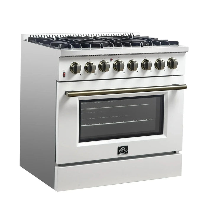 Forno Galiano Gold Professional - 36"Freestanding Dual Fuel Range Gas Stove, Electric Oven White, Antique Brass Trim, FFSGS6156-36WHT09K