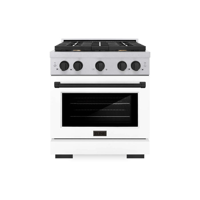 ZLINE 30"Paramount Dual Fuel Range DuraSnow® White Matte, Matte Black SDRSZ-WM-30-MB09K