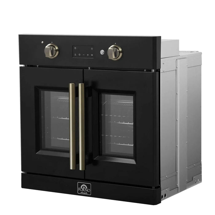 Forno Asti 30"French Door Electric Wall Oven in Black with Antique Brass Trim, FBOEL1333-30BLK09K