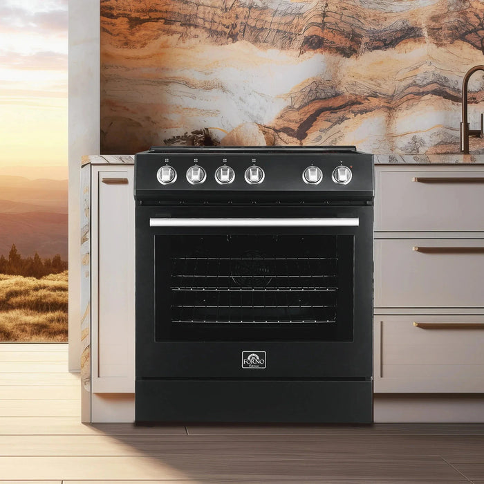 FORNO Premium 2-Piece Kitchen Bundle - Leonardo Espresso 30" Black Range, 31" Black Bottom Freezer Refrigerator FBDL-003-02US09K