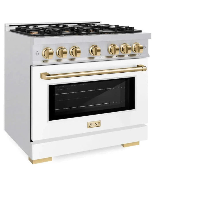 ZLINE 36" Select Dual Fuel Range Gas Cooktop Electric Convection Oven DuraSnow® Stainless Steel White Matte Door Polished Gold HDRSZ-WM-36-G09K