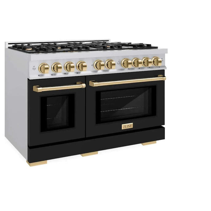 ZLINE 48" Select Dual Fuel Range Gas Cooktop Electric Convection Oven Stainless Steel Black Matte Doors Gold HDRZ-BLM-48-G09K