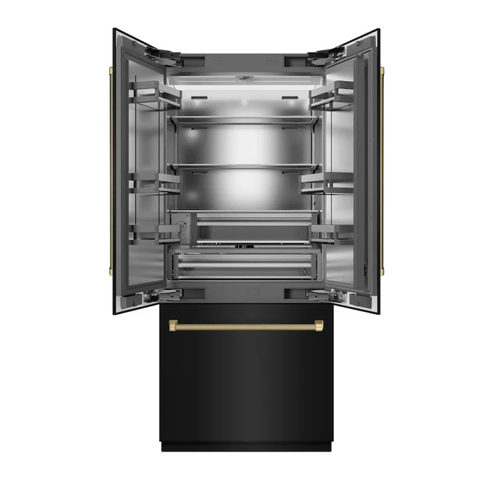 ZLINE Autograph Edition 36" French Door Built-In Bottom Freezer Refrigerator, Water Dispenser, Ice Maker, Black Stainless Steel, Stainless Steel Interior, Helix Handles SRBIVZ-BS36KCB09K